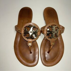 Tory Burch Miller Brown Leather Gold Tone Metal T Logo Thong Sandal